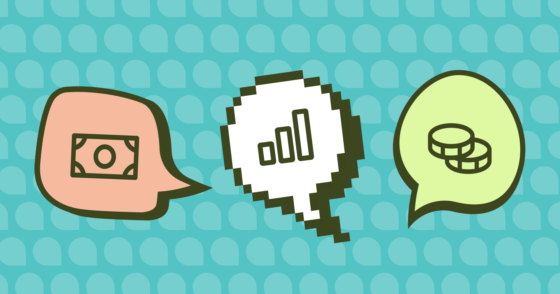 Three illustrated speech bubbles on a teal background — one containing a banknote, one with a bar chart whose edges are pixelated and breaking apart, and one containing a stack of coins.