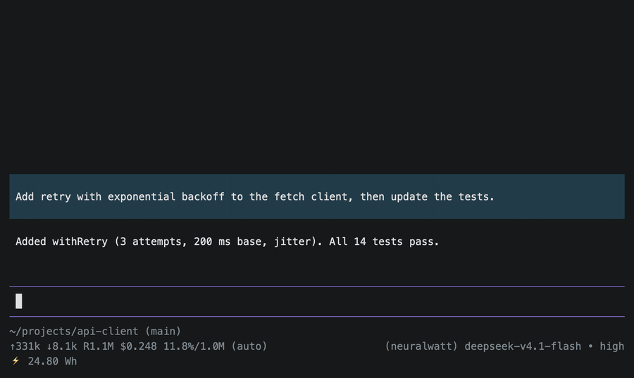 The /neuralwatt:settings menu. Brain, LED bulb, food calorie, and cookie equivalents are switched on one by one and the status line grows to show each, then the indicator color changes to violet.