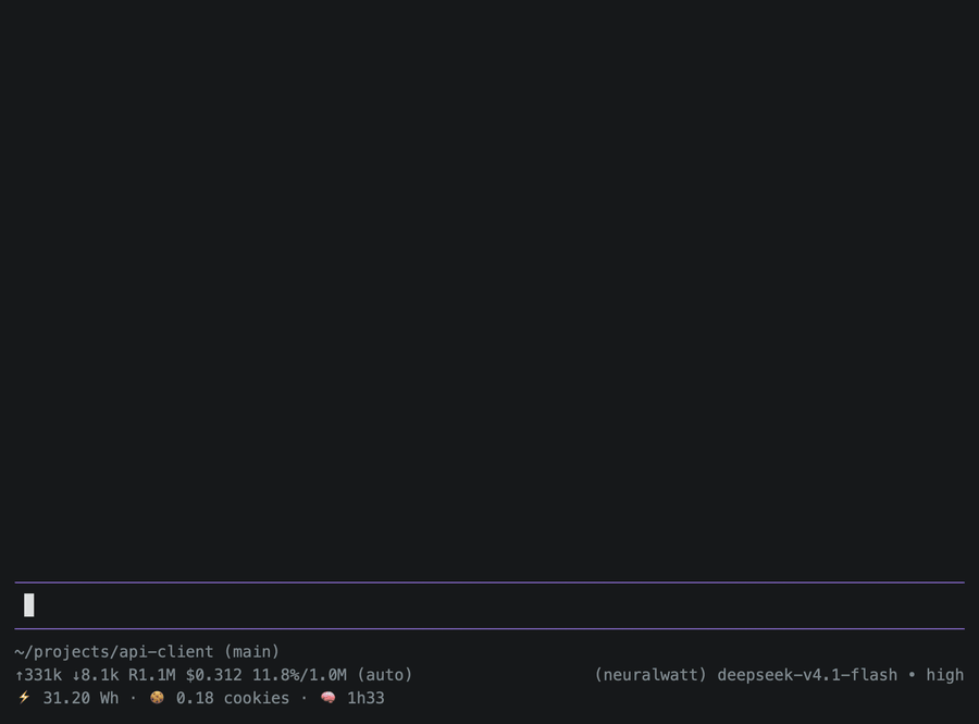 Pi coding agent on a Neuralwatt model editing code and running tests. After each response, the status line steps up from 31.20 Wh to 39.88 Wh, with cookies rising from 0.18 to 0.23 and brain time alongside.